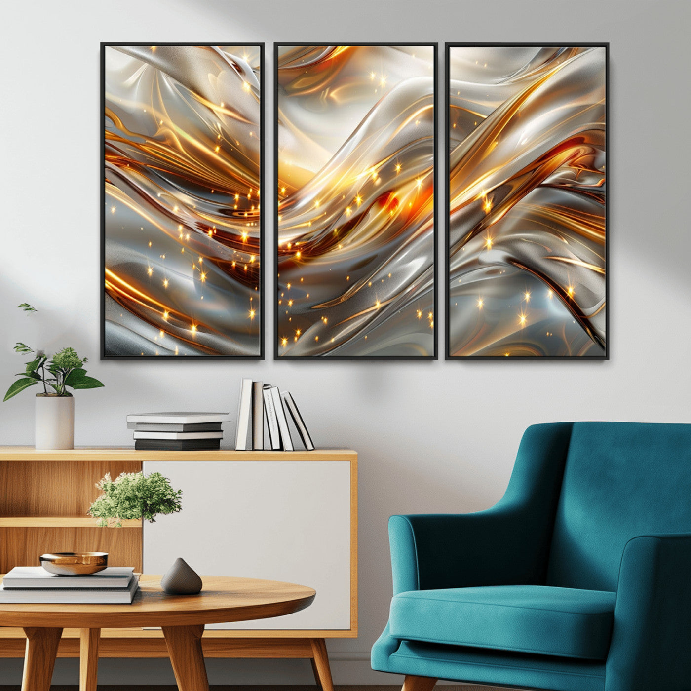Lines1-MGV-CV-36X24-Abstract Metallic Wall Art – Silver and Gold Wave Canvas Print with Sparkling Accents, Modern Luxury Decor for Living Room, Office