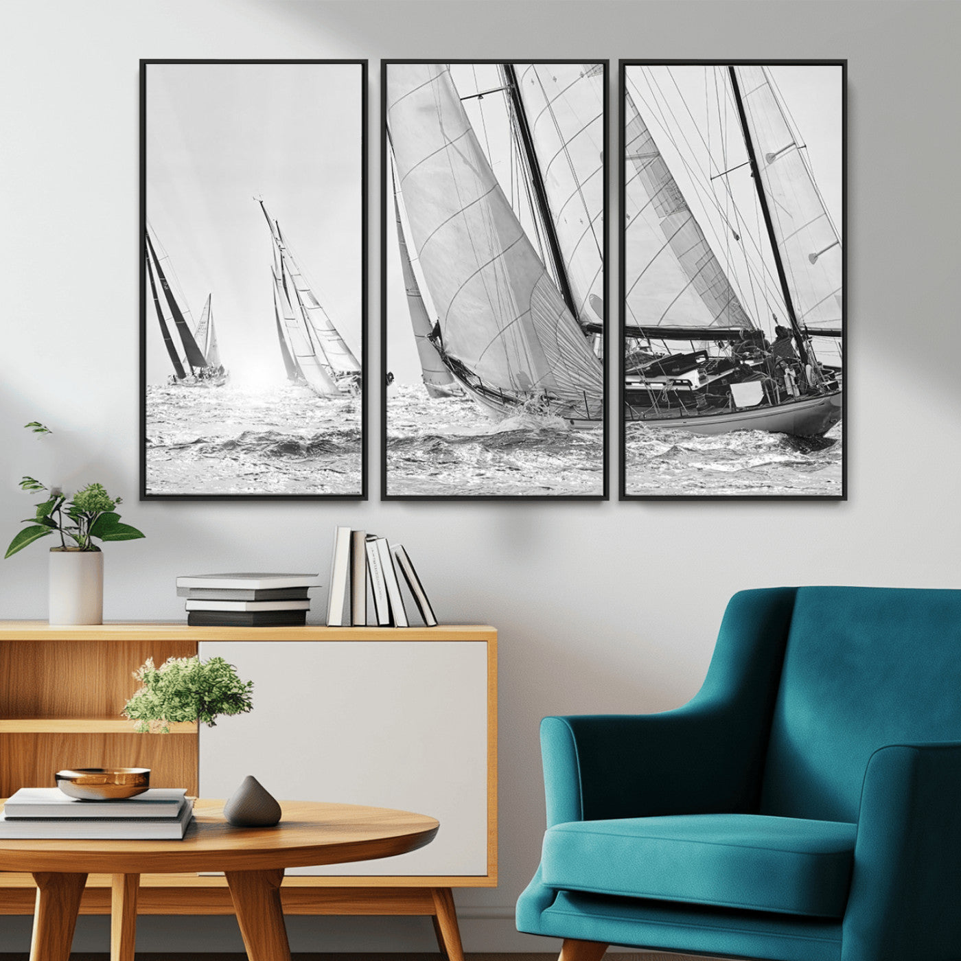 Boat-1-MGV-CV-36X24-Sailboat Racing Wall Art – Nautical Black and White Canvas Print, Ocean Adventure Decor for Office, Living Room or Bedroom