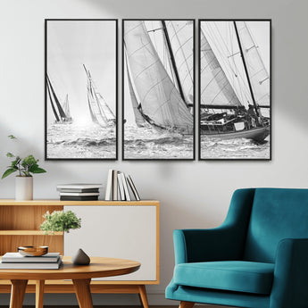 Boat-1-MGV-CV-36X24-Sailboat Racing Wall Art – Nautical Black and White Canvas Print, Ocean Adventure Decor for Office, Living Room or Bedroom