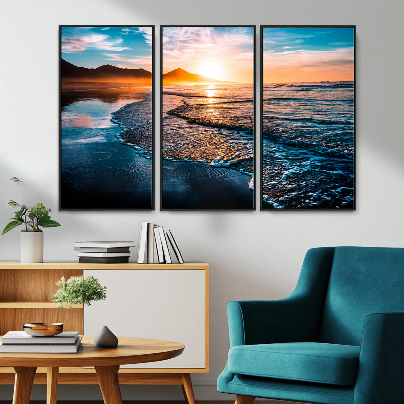 26494-MGV-CV-36X24-Ocean Sunset Wall Art – Scenic Beach Canvas Print with Waves and Mountains, Coastal Seascape Photography for Living Room, Bedroom