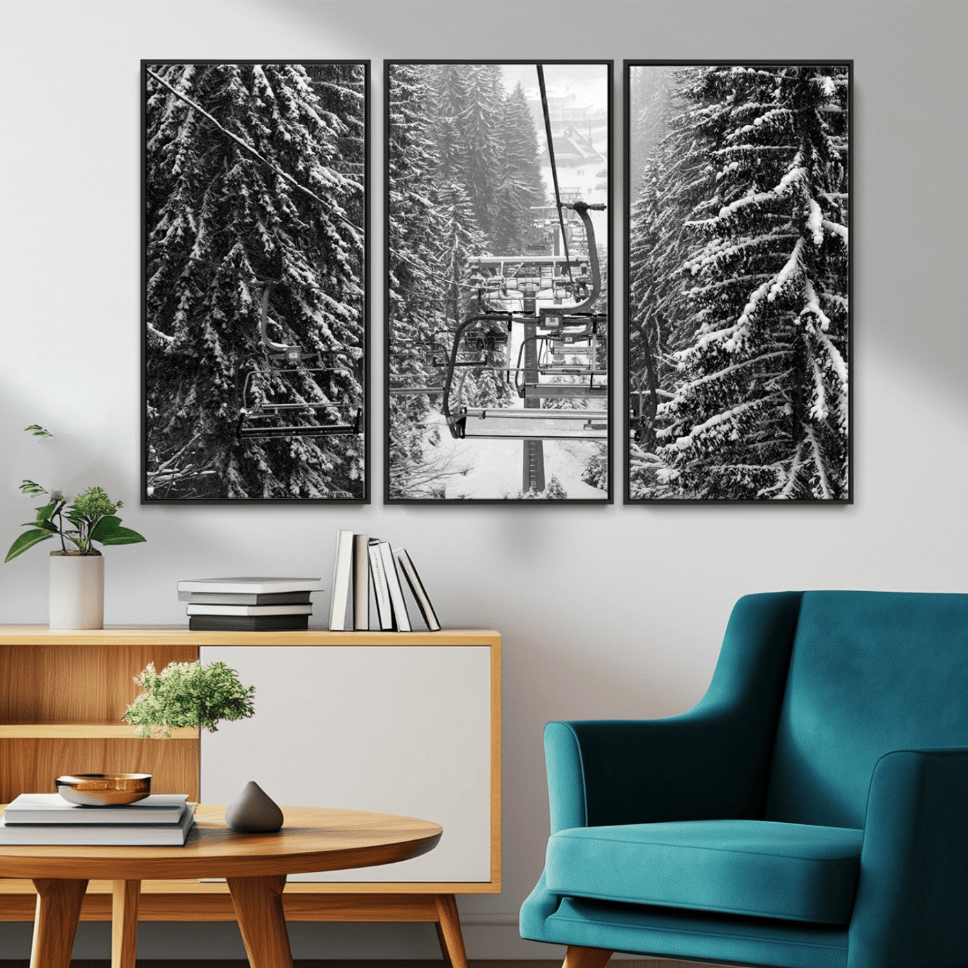 19240-MGV-CV-36X24-Ski Lift Wall Art – Black and White Winter Mountain Canvas Print, Snowy Forest Ski Resort Photography for Cabin, Lodge, Office or