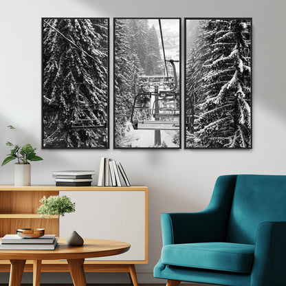 19240-MGV-CV-36X24-Ski Lift Wall Art – Black and White Winter Mountain Canvas Print, Snowy Forest Ski Resort Photography for Cabin, Lodge, Office or