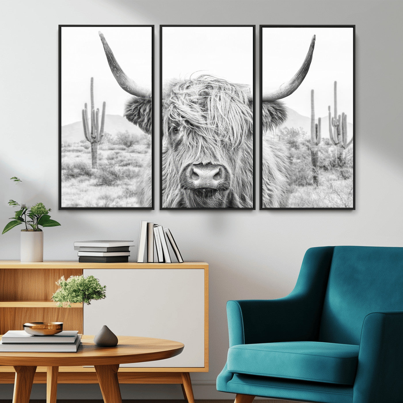 94579-MGV-CV-36X24-Highland Cow Wall Art – Black and White Longhorn Canvas Print, Rustic Western Farmhouse Animal Photography for Living Room,