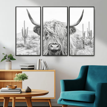 94579-MGV-CV-36X24-Highland Cow Wall Art – Black and White Longhorn Canvas Print, Rustic Western Farmhouse Animal Photography for Living Room,