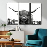 58188-MGV-CV-36X24-Highland Cow Wall Art – Black and White Rustic Farmhouse Canvas Print, Longhorn Cattle Photography Decor for Living Room or