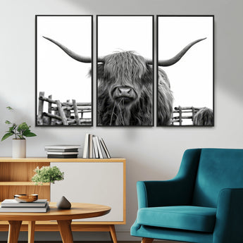 58188-MGV-CV-36X24-Highland Cow Wall Art – Black and White Rustic Farmhouse Canvas Print, Longhorn Cattle Photography Decor for Living Room or