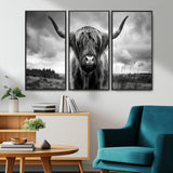 17924-MGV-CV-36X24-Highland Cow Wall Art – Black and White Rustic Longhorn Cattle Canvas Print, Farmhouse Animal Photography Decor for Country Home