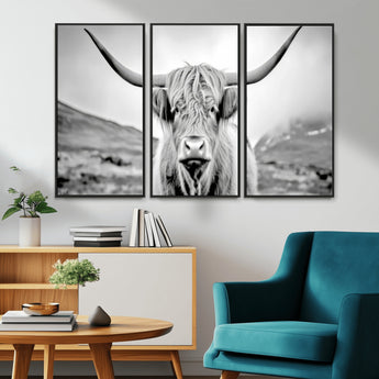 80564-MGV-CV-36X24-Highland Cow Wall Art – Black and White Scottish Highland Canvas Print, Rustic Farmhouse Decor for Living Room, Bedroom or Office