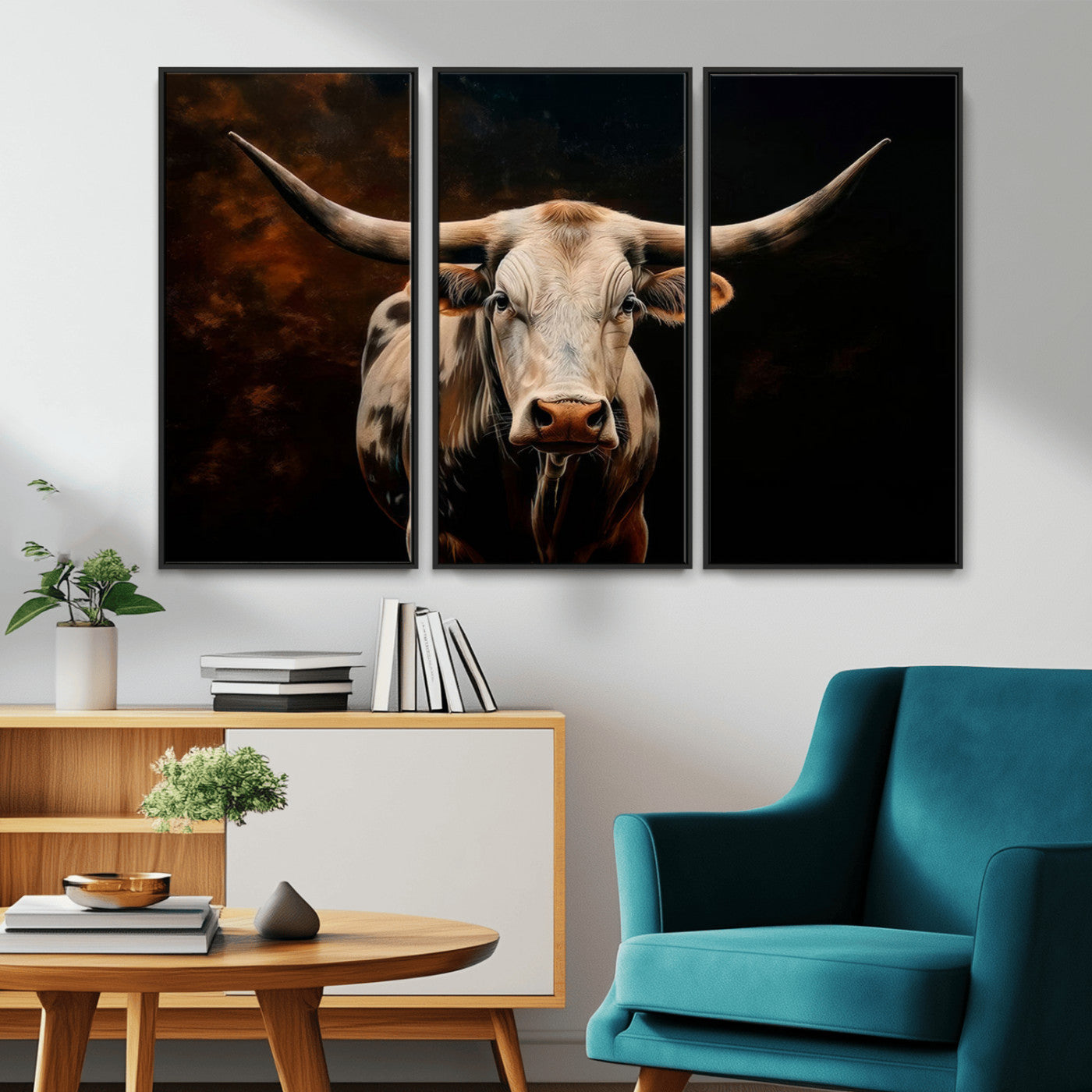 70522-MGV-FC-48X32-3P_Black-Longhorn Bull Wall Art – Striking Canvas Print of Majestic Bull, Premium Animal Decor for Home, Office, Man Cave, or Living Room