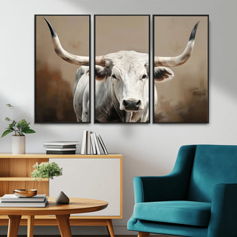 61423-MGV-FC-48X32-3P_Black-Longhorn Bull Wall Art – Rustic Western Texas Steer Canvas Print, Cowboy Farmhouse Decor for Living Room, Bedroom, Office or Ranch