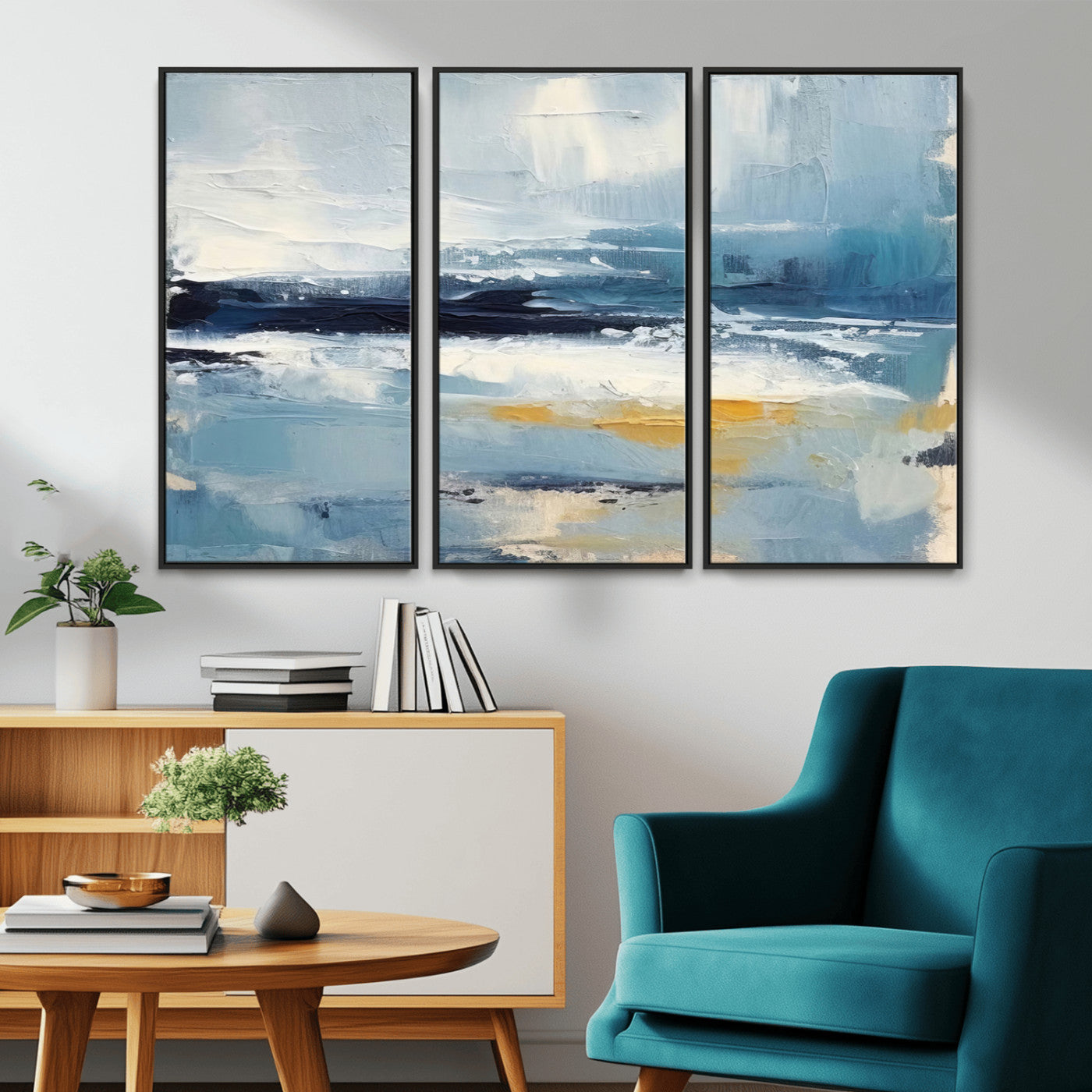 19746-MGV-CV-36X24-Abstract Ocean Wall Art – Modern Coastal Canvas Print with Blue, White and Gold Textures, Contemporary Seascape Painting for