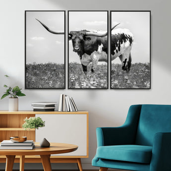 94709-MGV-CV-36X24-Texas Longhorn Wall Art – Black and White Bull Photography Canvas Print, Western Farmhouse Wall Decor for Living Room, Office or
