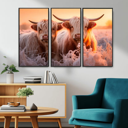 68253-MGV-CV-36X24-Highland Cow Wall Art – Rustic Farmhouse Cattle Canvas Print, Frosty Sunset Animal Artwork for Living Room, Bedroom or Country