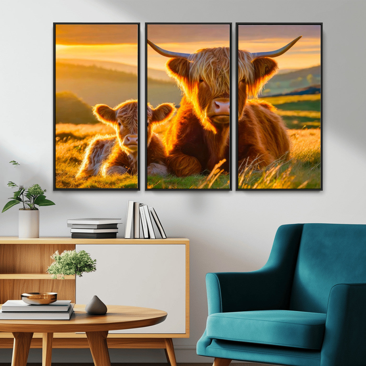 20567-MGV-CV-36X24-Highland Cow and Calf Wall Art – Rustic Farmhouse Sunset Cattle Canvas Print, Country Animal Artwork for Living Room, Bedroom, or