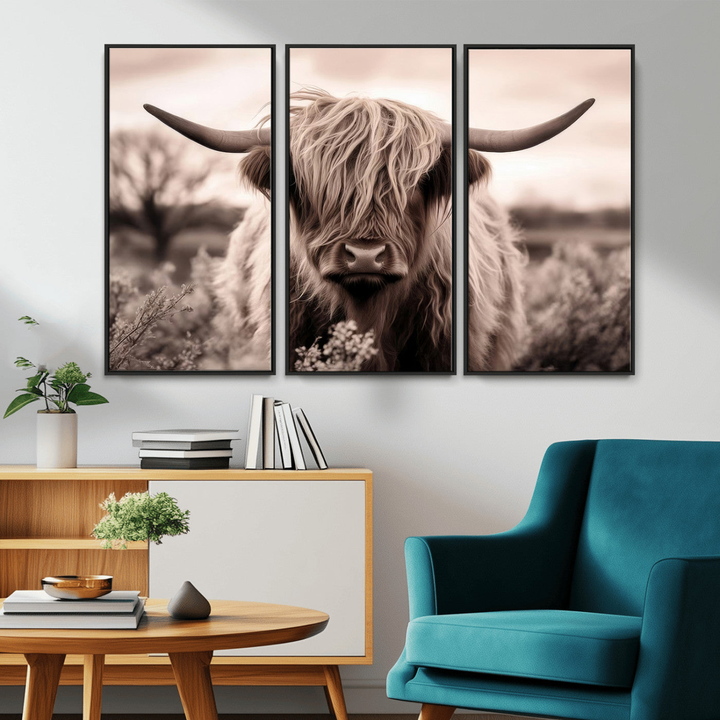 55903-MGV-CV-36X24-Highland Cow Wall Art – Rustic Sepia Scottish Highland Bull Canvas Print, Farmhouse Country Animal Decor for Living Room, Bedroom