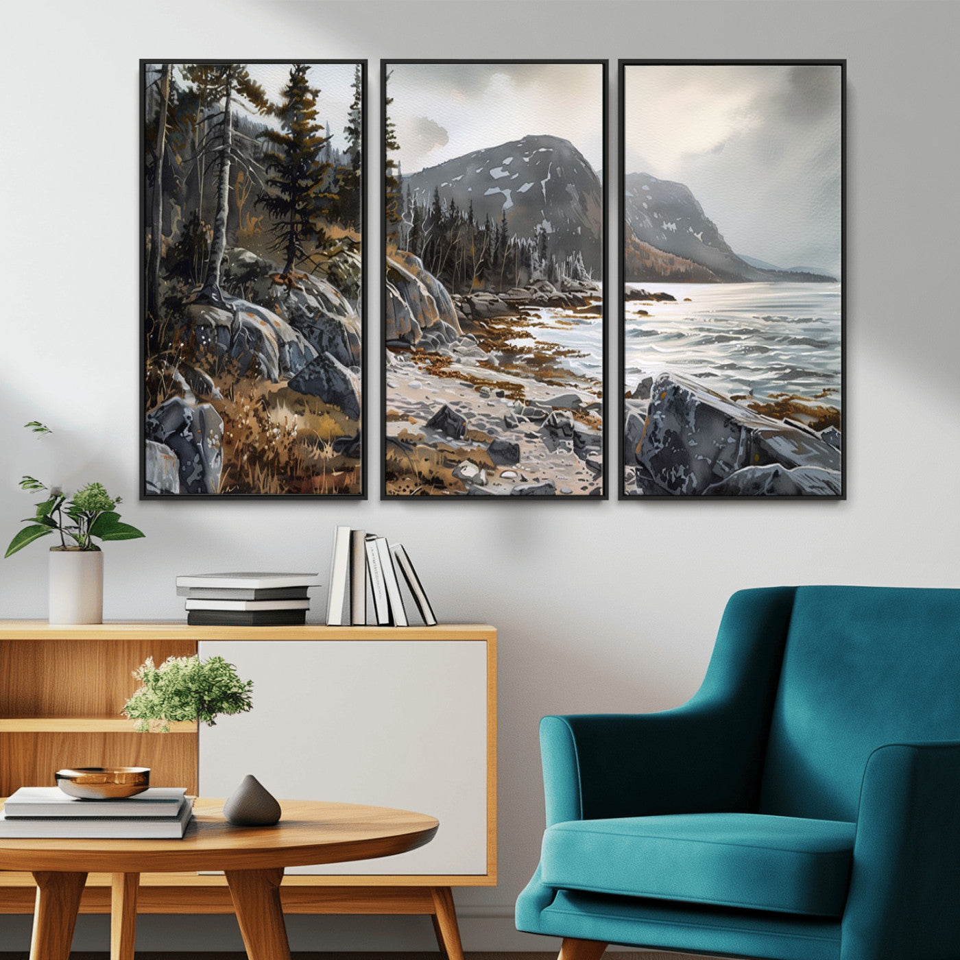 41281-MGV-CV-36X24-Rocky Shoreline Wall Art – Panoramic Mountain Coast and Forest Canvas Print, Rustic Nature Landscape Decor for Cabin, Lodge, or