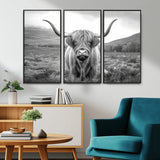 52903-MGV-CV-36X24-Highland Cow Wall Art – Black and White Canvas Print Rustic Cattle Portrait, Farmhouse Country Decor for Living Room, Office,
