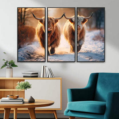 94810-MGV-CV-36X24-Highland Cow Wall Art – Rustic Canvas Print Two Cattle Snow Path Sunset, Farmhouse Country Decor for Living Room, Bedroom, Office,