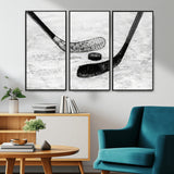 82900-MGV-FC-48X32-3P_Black-Hockey Wall Art – Black and White Canvas Print Ice Rink Sticks Puck Sports Photography, Modern Decor for Game Room, Man Cave,
