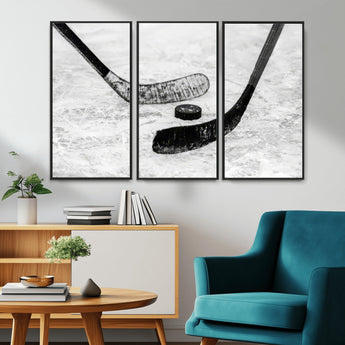 82900-MGV-FC-48X32-3P_Black-Hockey Wall Art – Black and White Canvas Print Ice Rink Sticks Puck Sports Photography, Modern Decor for Game Room, Man Cave,