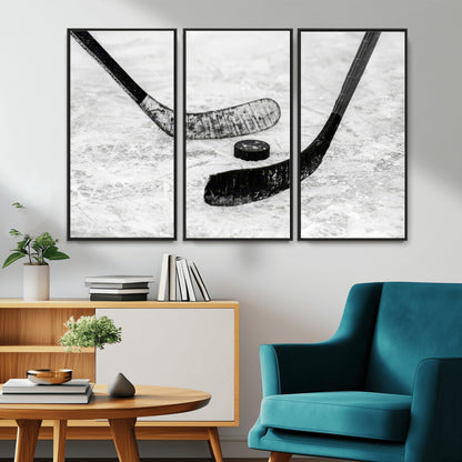 82900-MGV-FC-48X32-3P_Black-Hockey Wall Art – Black and White Canvas Print Ice Rink Sticks Puck Sports Photography, Modern Decor for Game Room, Man Cave,