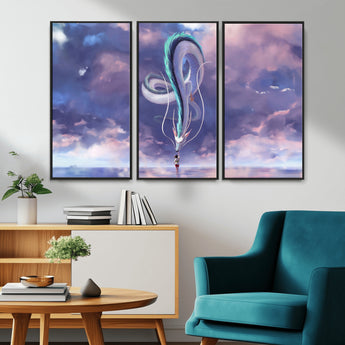 66864-MGV-CV-36X24-Fantasy Dragon Wall Art – Mystical Canvas Print Girl and Sky Serpent Dreamlike Clouds, Magical Anime Inspired Decor for Living