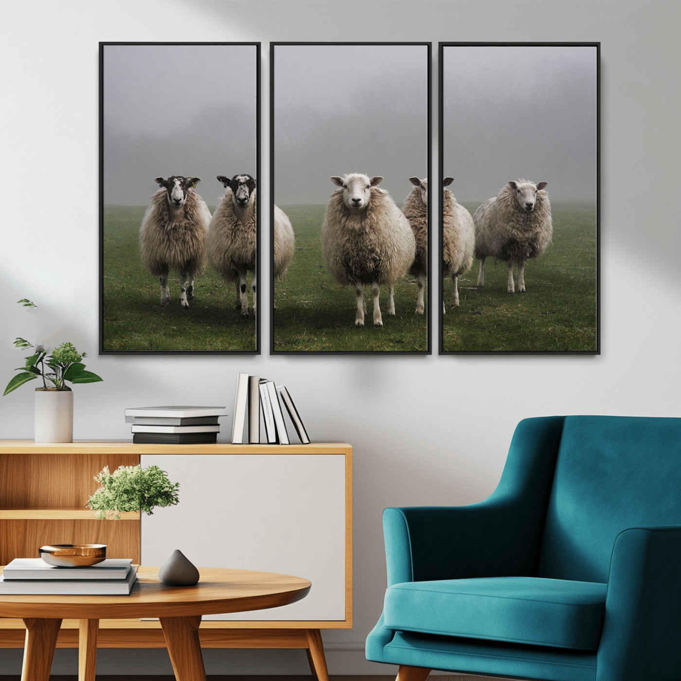 87339-MGV-CV-36X24-Sheep Wall Art – Rustic Farmhouse Canvas Print Flock Standing Misty Field Countryside Photography, Country Animal Decor for Living