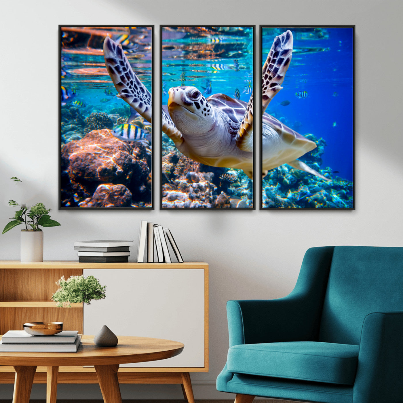 12683-MGV-CV-36X24-Sea Turtle Wall Art – Graceful Ocean Canvas Print with Coral Reef and Tropical Fish, Coastal Marine Life Decor for Beach House,