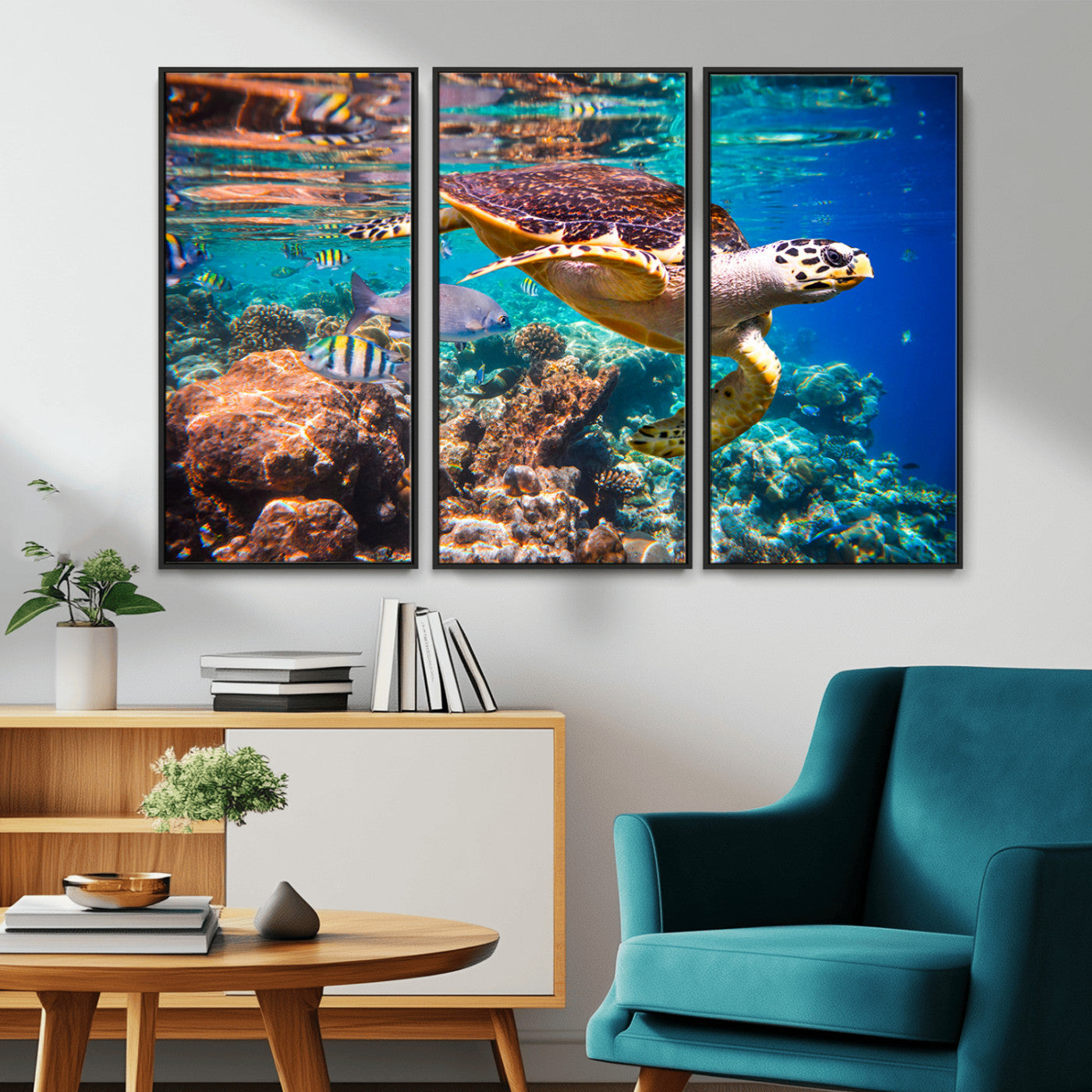 66614-MGV-CV-36X24-Sea Turtle Wall Art – Hawksbill Turtle Swimming Over Coral Reef Canvas Print, Ocean Marine Life Decor for Beach House, Coastal