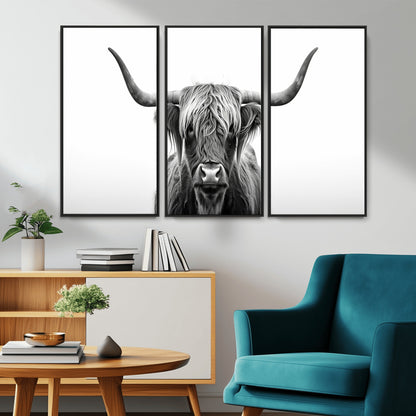 49556-MGV-CV-36X24-Highland Cow Wall Art – Black and White Scottish Highland Cattle Print, Rustic Farmhouse Minimalist Animal Portrait Canvas for