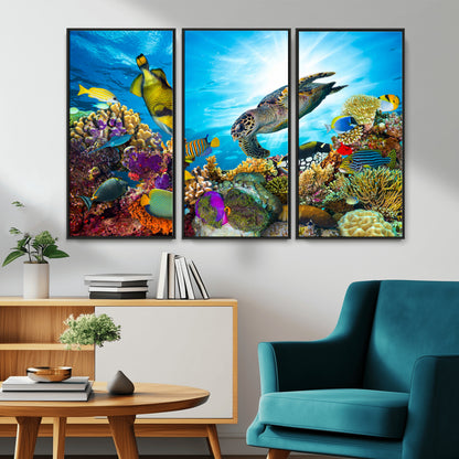 44772-MGV-CV-36X24-Underwater Sea Turtle Wall Art – Vibrant Coral Reef and Tropical Fish Canvas Print, Ocean Marine Life Decor for Living Room,