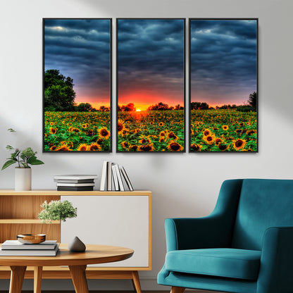 45045-MGV-CV-36X24-Sunflower Field Sunset Wall Art – Dramatic Stormy Sky Landscape Print, Vibrant Yellow Floral Nature Canvas for Living Room,
