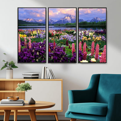 82270-MGV-CV-36X24-Colorful Wildflower Meadow Landscape Wall Art – Snow-Capped Mountain Lake Sunset Print, Vibrant Nature Artwork for Living Room,