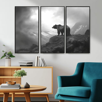 49504-MGV-CV-36X24-Black and White Grizzly Bear Wall Art – Wilderness Wildlife Painting, Rustic Mountain Cabin Decor, Monochrome Animal Print for