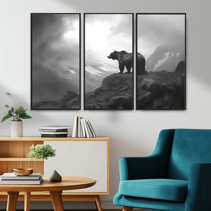 49504-MGV-CV-36X24-Black and White Grizzly Bear Wall Art – Wilderness Wildlife Painting, Rustic Mountain Cabin Decor, Monochrome Animal Print for