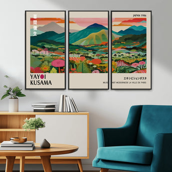 54215-MGV-FC-48X32-3P_Black-Yayoi Kusama Wall Art – Panoramic Japanese Landscape Canvas Print, Modern Abstract Nature Decor for Office, Bedroom or Living Room