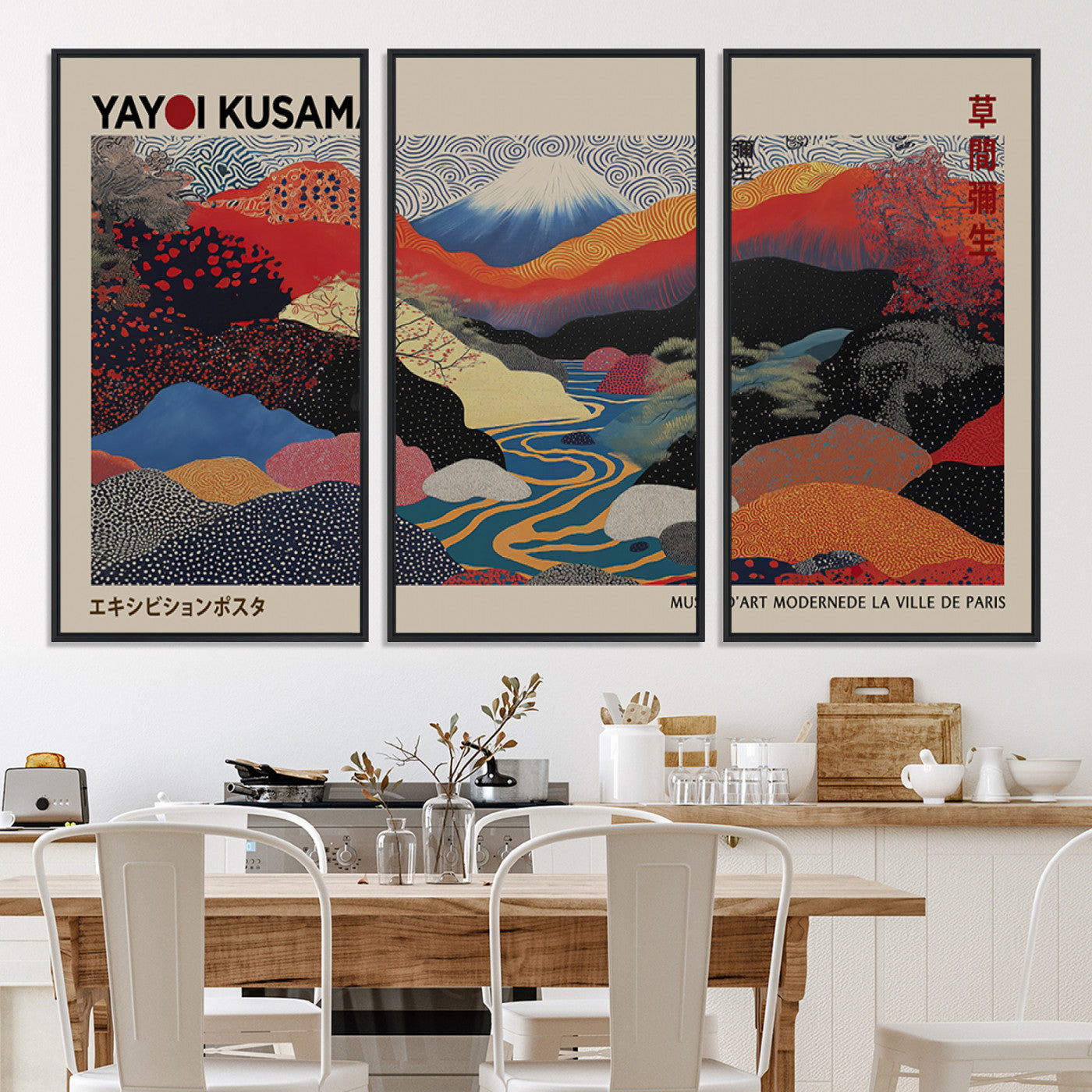 49228-MGV-FC-93X47-3P_Black-Kusama Wall Art – Vibrant Japanese Landscape Canvas Print, Modern Abstract Mountain and River Decor for Living Room, Office or Art