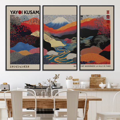 49228-MGV-FC-93X47-3P_Black-Kusama Wall Art – Vibrant Japanese Landscape Canvas Print, Modern Abstract Mountain and River Decor for Living Room, Office or Art