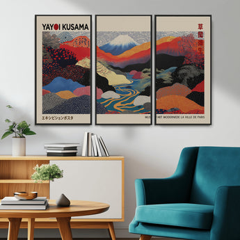 49228-MGV-FC-93X47-3P_Black-Kusama Wall Art – Vibrant Japanese Landscape Canvas Print, Modern Abstract Mountain and River Decor for Living Room, Office or Art