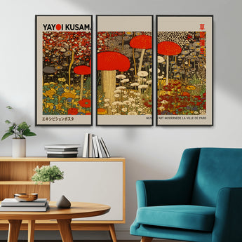 38013-MGV-CV-36X24-Yayoi Kusama Inspired Mushroom Garden Wall Art – Whimsical Botanical Canvas Print, Surreal Nature Poster, Fantasy Floral Artwork