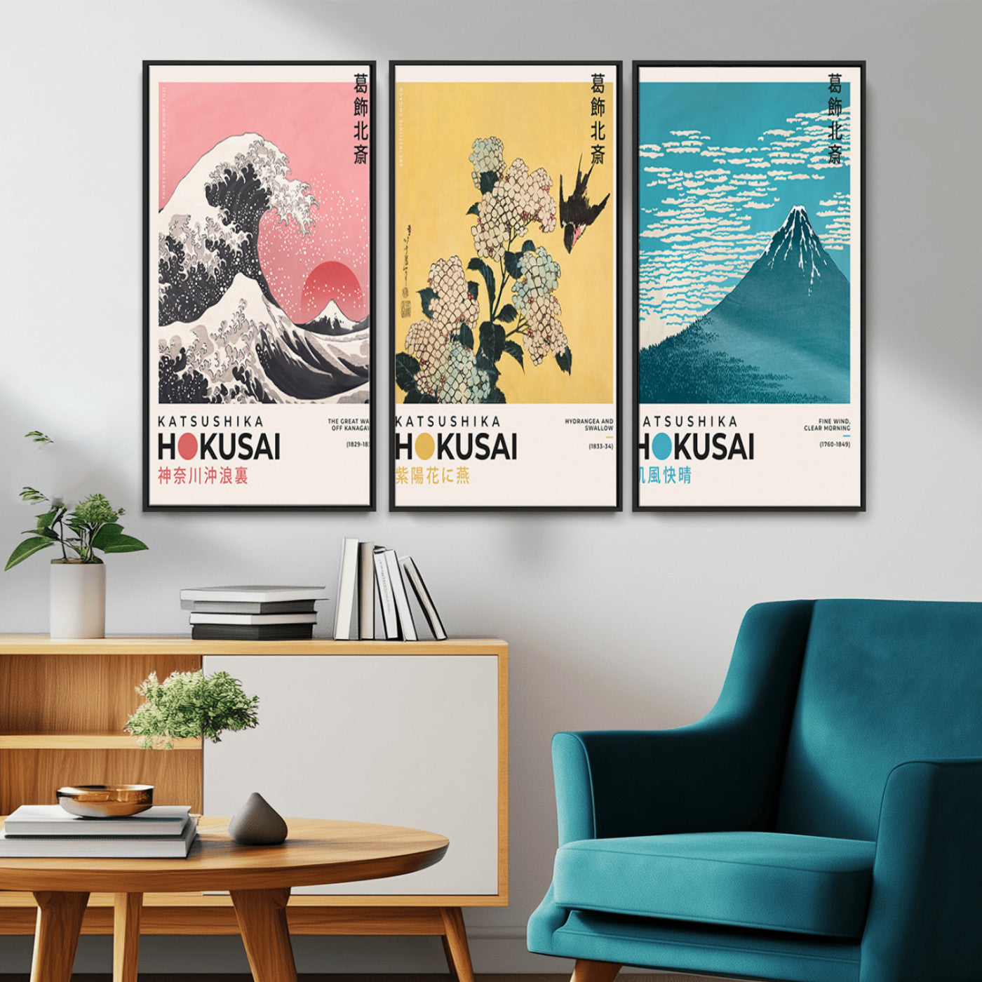 Katsushika-MGV-CV-36X24-Katsushika Hokusai Wall Art Set – The Great Wave, Hydrangea and Swallow, Fine Wind Canvas Prints, Japanese Ukiyo e Style Home and