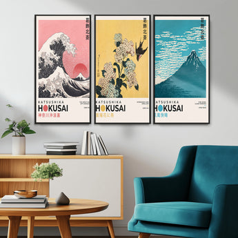 Katsushika-MGV-CV-36X24-Katsushika Hokusai Wall Art Set – The Great Wave, Hydrangea and Swallow, Fine Wind Canvas Prints, Japanese Ukiyo e Style Home and