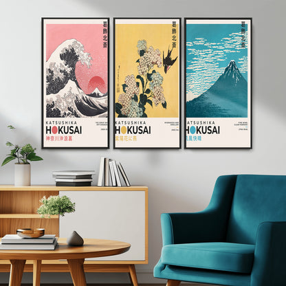 Katsushika-MGV-CV-36X24-Katsushika Hokusai Wall Art Set – The Great Wave, Hydrangea and Swallow, Fine Wind Canvas Prints, Japanese Ukiyo e Style Home and
