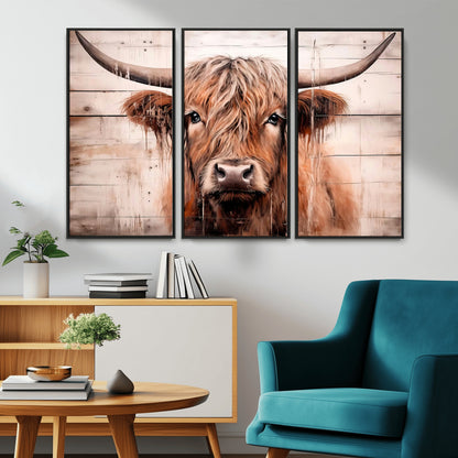 93730-MGV-CV-36X24-Scottish Cow Wall Art Canvas Print, Framed Longhorn Cow Art Picture Print, Highland Cattle Perfect Rustic Farmhouse Decor Artwork