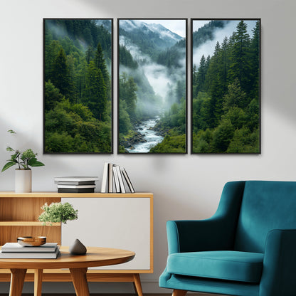 69453-MGV-CV-36X24-Mountain Forest Wall Art – Misty River and Evergreen Landscape Canvas Print, Nature Photography Poster for Living Room, Bedroom,