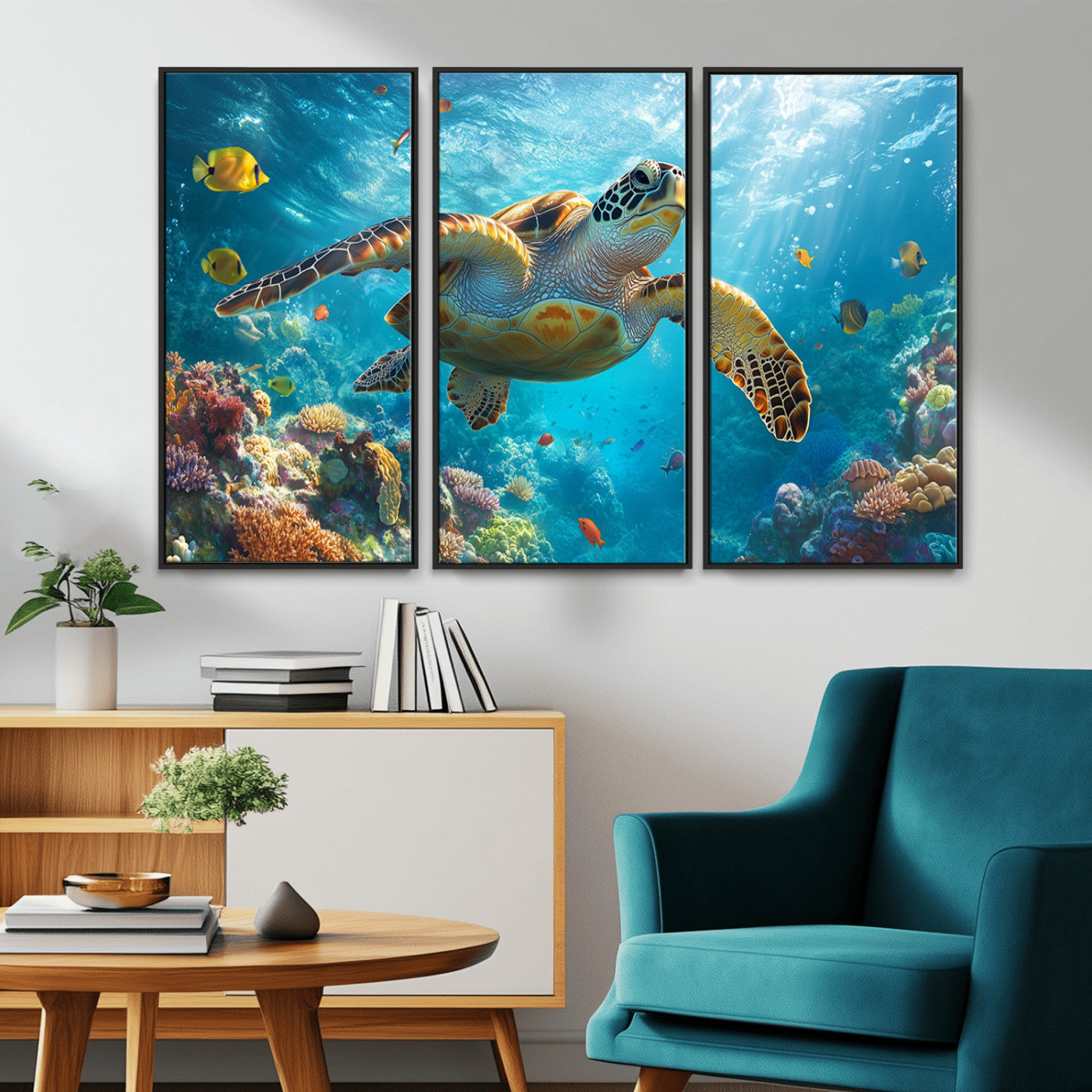 37623-MGV-CV-36X24-Sea Turtle Wall Art – Underwater Ocean Canvas Print with Coral Reef and Tropical Fish, Marine Life Painting Poster for Living