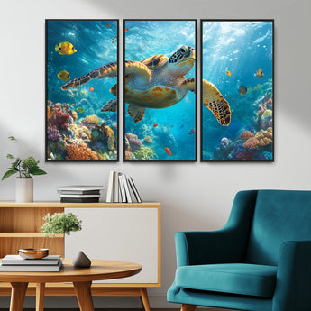 37623-MGV-CV-36X24-Sea Turtle Wall Art – Underwater Ocean Canvas Print with Coral Reef and Tropical Fish, Marine Life Painting Poster for Living
