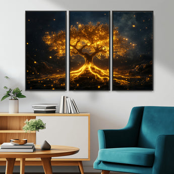 60194-MGV-CV-36X24-Glowing Tree Wall Art – Golden Roots Fantasy Canvas Print, Mystical Illuminated Tree Painting Poster for Living Room, Bedroom,