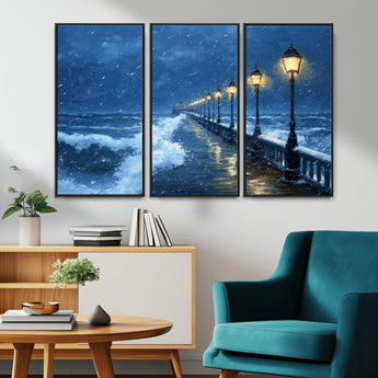 32668-MGV-CV-36X24-Stormy Pier Wall Art – Ocean Waves and Street Lamps Canvas Print, Rainy Night Seascape Oil Painting Poster for Living Room,