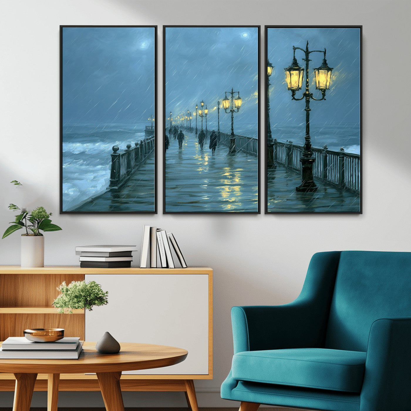 79606-MGV-CV-36X24-Rainy Pier Night Wall Art – Ocean Waves and Street Lamps Canvas Print, Moody Seascape Oil Painting Poster for Living Room,
